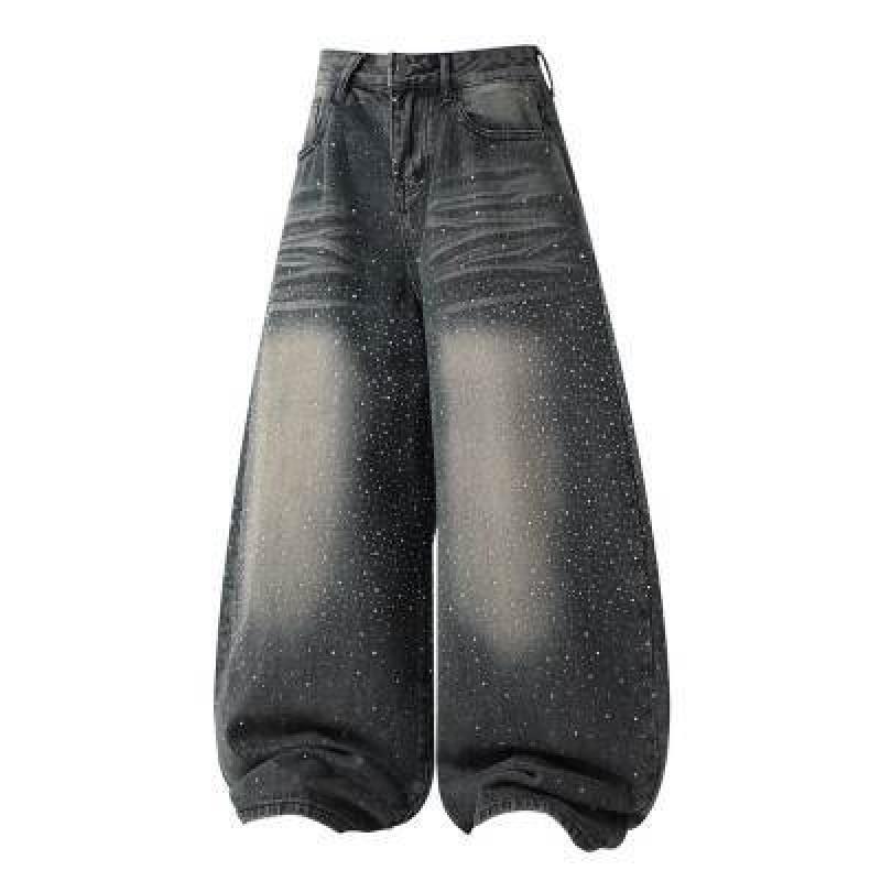 Unisex Wide Leg Straight Cut Distressed Washed Denim Jeans With Rhinestone Stars Whiskering Detail
