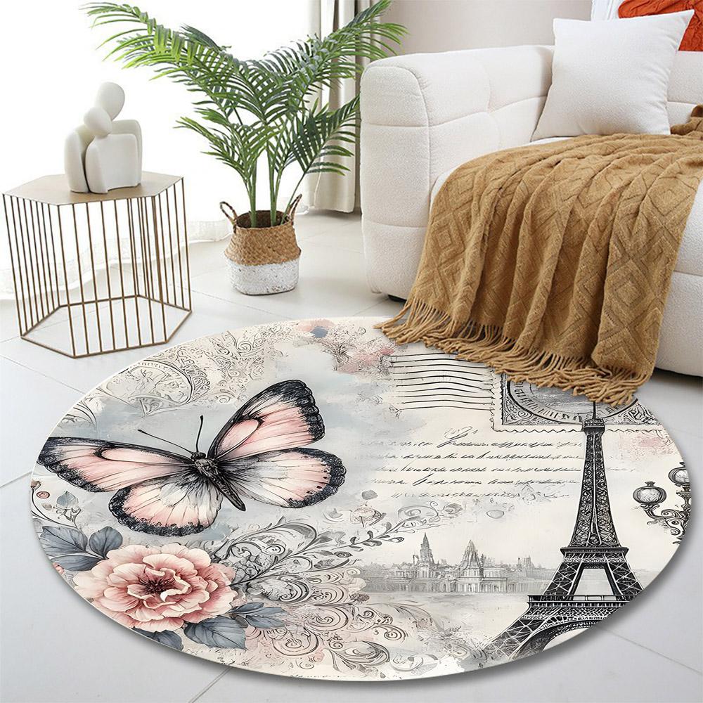 "Parisian Butterfly Floral Design" Print round rug, living room, bedroom, playroom carpet, non slip floor mat, gift
