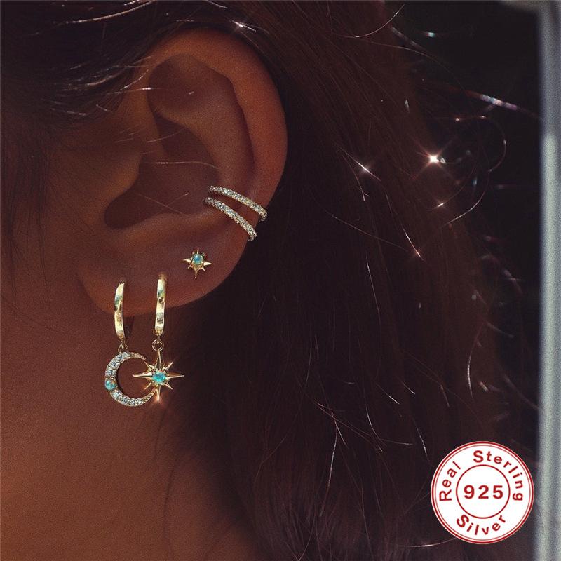 Fashion S925 Sterling Silver Star Moon Rivet Diamond Opal Earrings Ear Buckle Earrings Earrings 925 Earrings