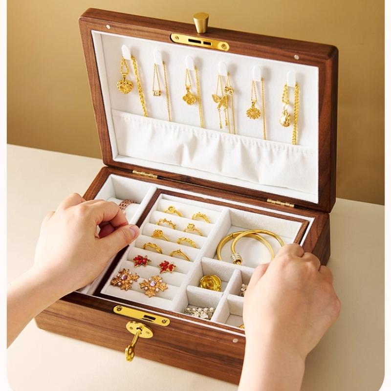Elegant Walnut Wooden Double Layer Jewelry Box Portable Travel Organizer with Built-in Storage Compartments
