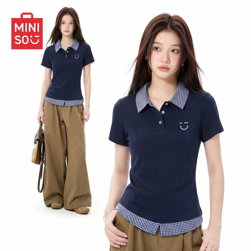 MINISO Women s Polo Collar Plaid T-Shirt XL
