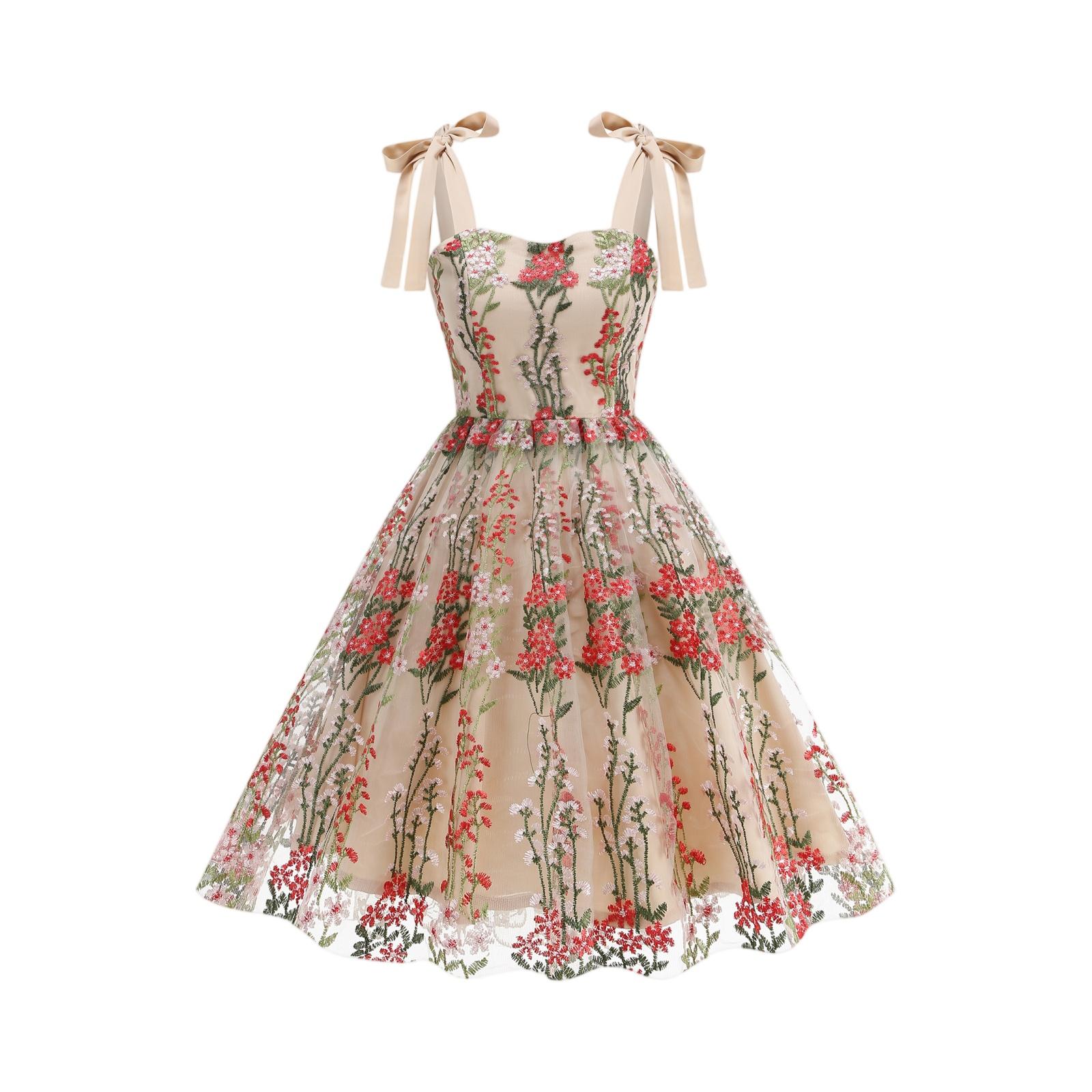 

Women s Sleeveless A Line Midi Dress with Floral Embroidery Adjustable Shoulder Straps Tulle Overlay Elegant Design XL червоний