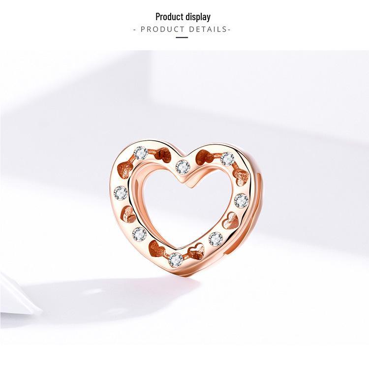 Heart-Shaped 925 Sterling Silver Beads with Rose Gold Plating and Zircon Inlay