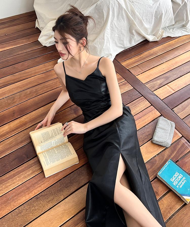 Rochie Midi din piele de primăvară pentru femei Rochie de vară vintage cu bretele spaghete Rochie neagră șic, casual, subțire