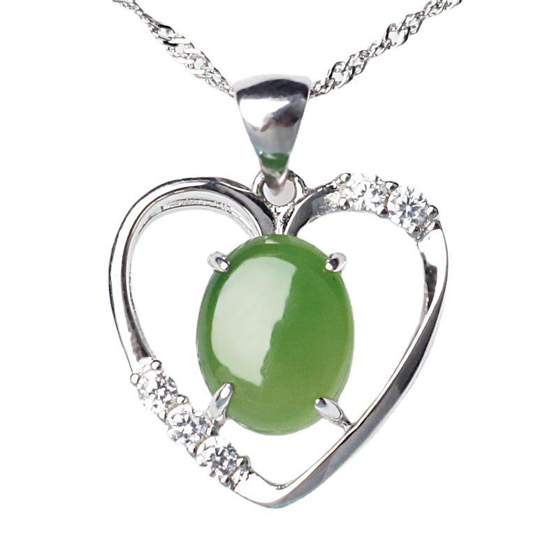 925 Sterling Silver Heart-shaped Jade Pendant Necklace with Certificate - Green Hetian Jade for Women