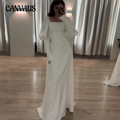 Spring and Autumn Women's Dress Solid Color Temperament Elegant Long Sleeve Waisted Square Neck Mid-Length Dresses