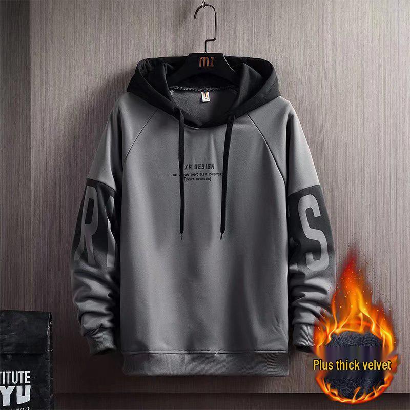 

Men s Autumn/Winter Hooded Letter Print Pullover: Trendy Casual Long Sleeve Velvet Sweatshirt. L серый