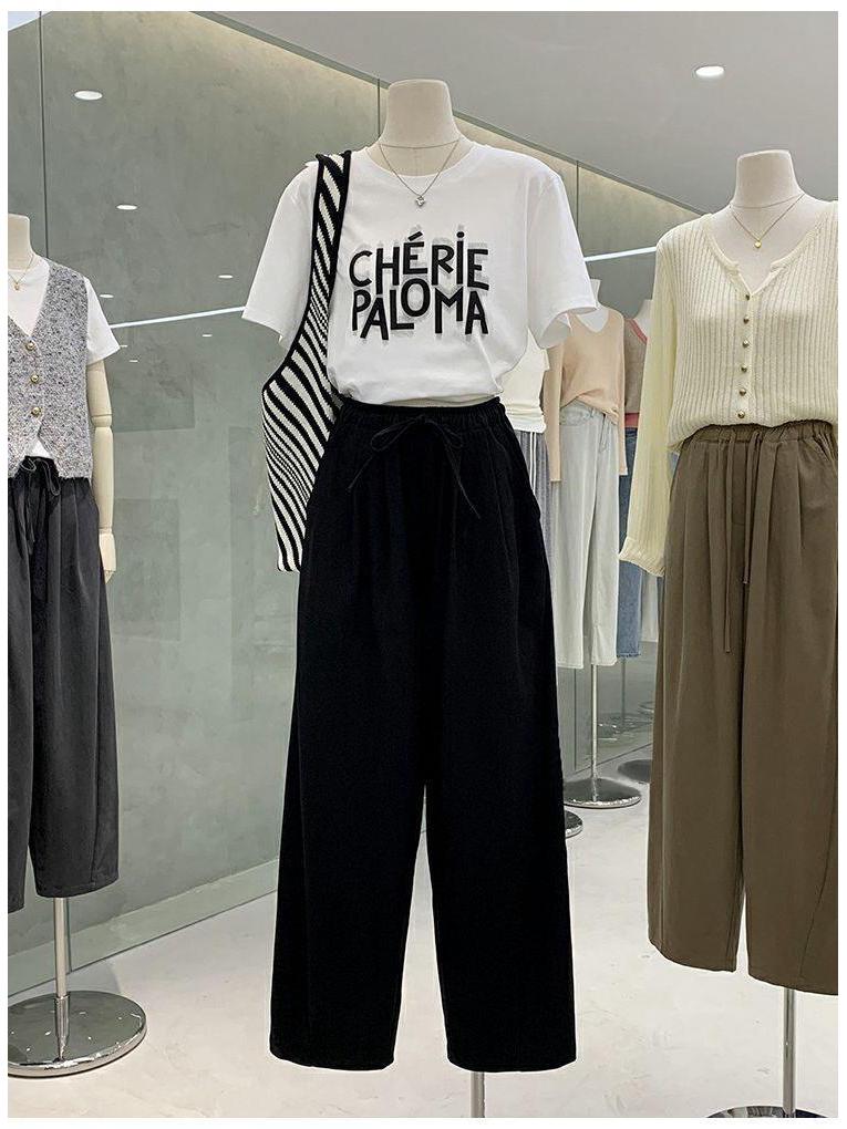Plus Size Women's High Waist Wide Leg Pants - Spring Loose Fit with Elastic Lace-up Waist