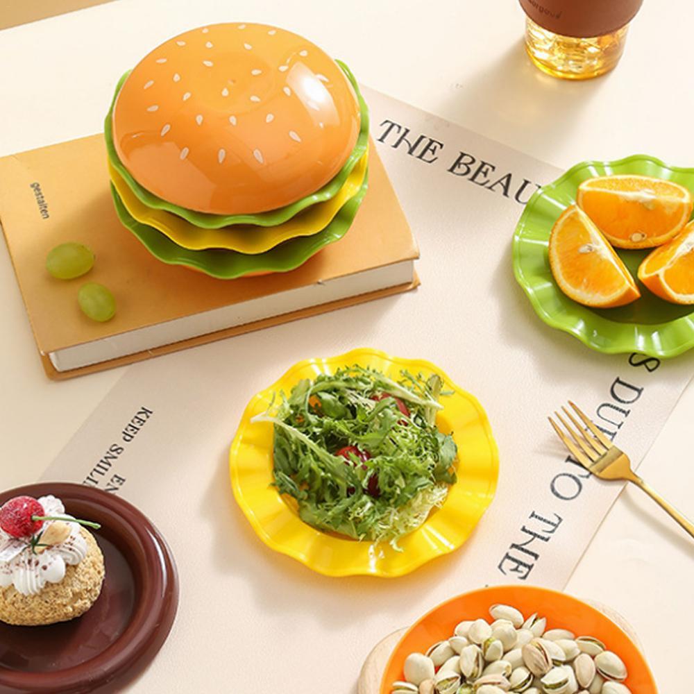 Stackable Hamburger Plate Set Burger 6 Layers Mini Dinner Plate High Value Bone Spit Plate Funny Sauce Container Tableware