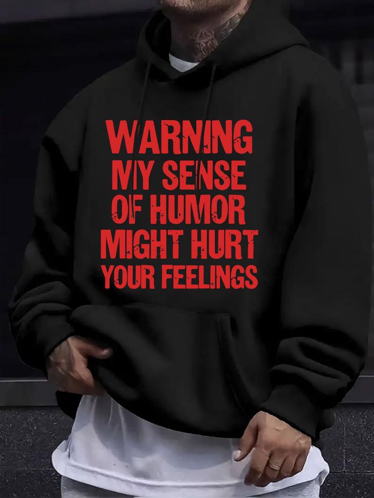 American/European Style unisex Autumn/Winter Printed Hoodie Long-Sleeve Sweatshirt, WARNING Humorous Slogan Print Hooded Sweatshirt, Quirky and Fun Tr