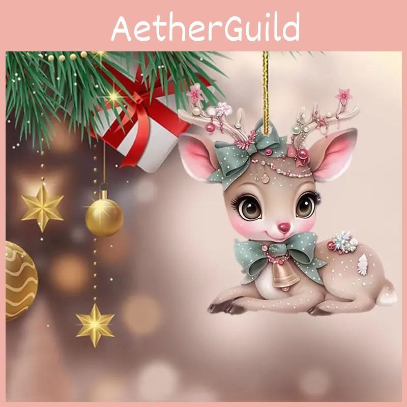 Christmas Acrylic Car Pendant With Butterfly Knot Bell Print Deer For Decor