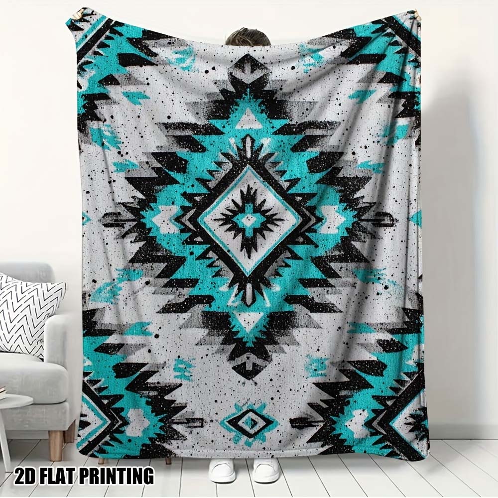 1pc Turquoise Aztec Print Fleece Blanket, Southwestern Boho Throw Blanket for Home Couch Bedroom Decor