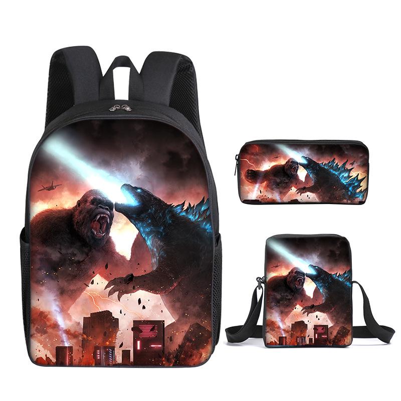 2021 Godzilla Wars King Kong School Bag Three-Piece Combination Set Primary And Secondary School Students Printed Backpack Cartoon School Bag