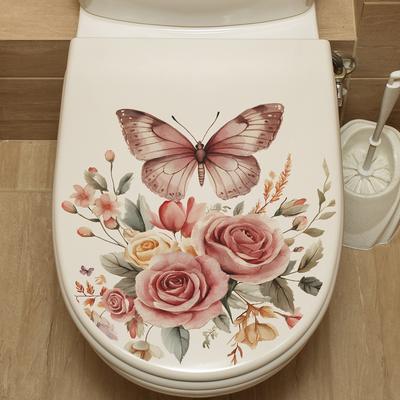 Butterfly Rose Toilet Wall Sticker Self-Adhesive Removable Waterproof for Bathroom Romantic Home Decor Art