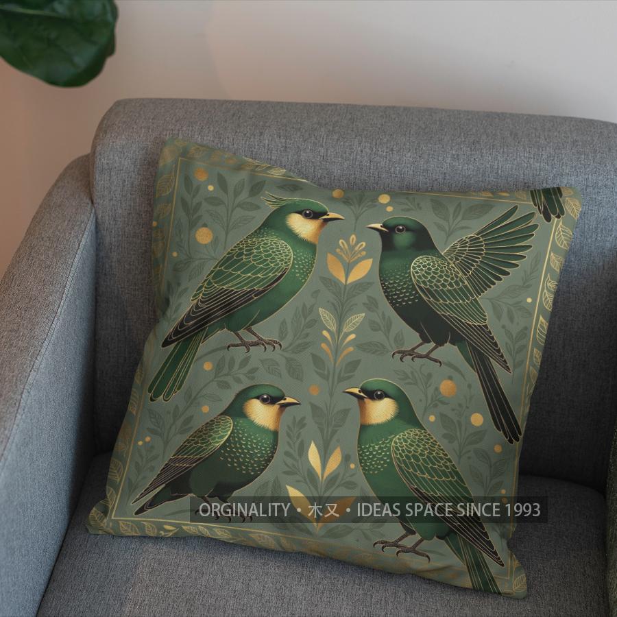 2D Flying Green Birds Floral Pattern Pillow Cover Pattern Cushion Cover Suitable For Sofa Bedroom Car Pillow Cover