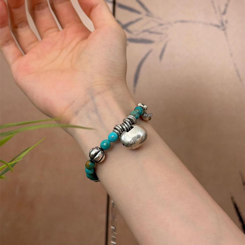S925 Sterling Silver Lotus Turquoise Yuanbao Lock Bracelet - Niche Design, Versatile, Retro High-End Feel for Women