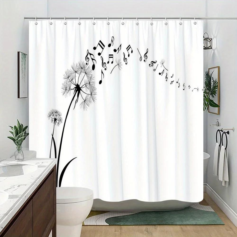 Dandelion & Music Notes Curtain - Rustic Wood Design, Textured Polyester, 70In, 12 Hooks, Machine Washable