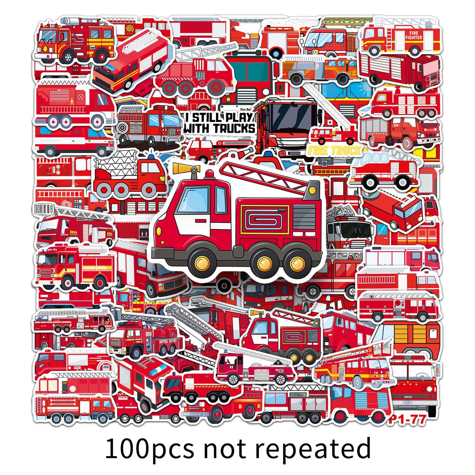 100 Fire Truck Cartoon Stickers for Journals, Luggage, Scooters, and DIY Decor.