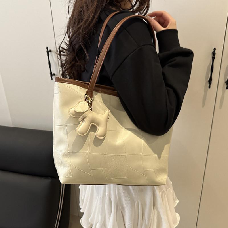 Fashion Solid Color Large Capacity Women Casual Tote Bag With Pendant For Daily