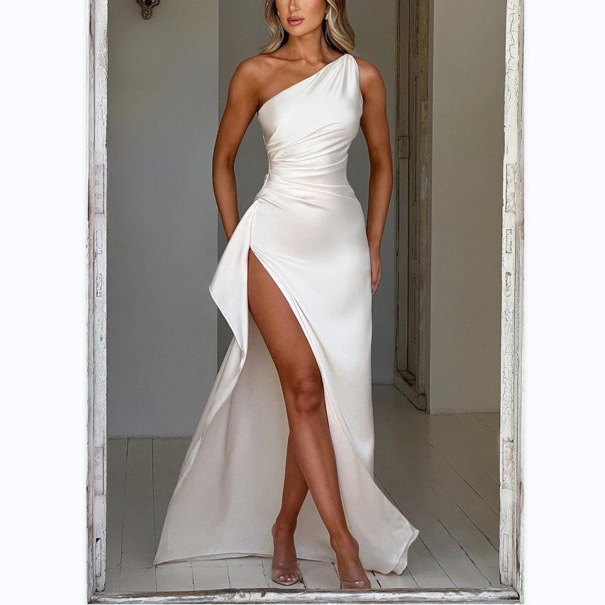 New European and American fashion asymmetrical sleeve asymmetrical high-end evening gown