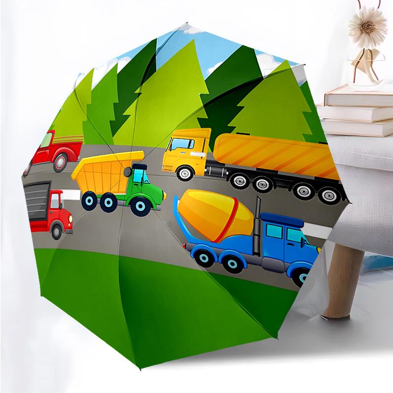 Cartoon-Traktor-Thema Faltbarer Regenschirm Mode Automatik-Öffnung 8 Eisenrippen Kunststoffgriff Faltbarer Sonnenschirm Perfekte Weihnachtsgeschenke
