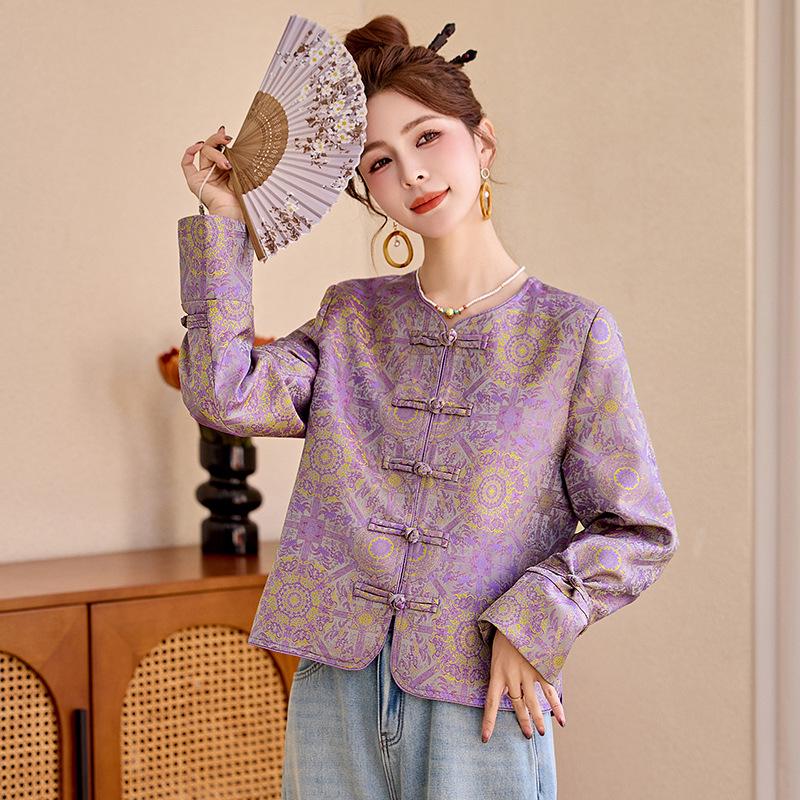 Frühling/Herbst 2025 Damen Lila Jacquard Jacke mit Rundhalsausschnitt und Froschknöpfen - Neuer Chinesischer Nationalstil (RS2803)