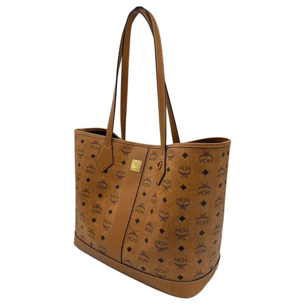 MCM Cognac Visetos Monogram Large Tote Bag with Leather Trim & Central Plaque for Daily & Shopping Use