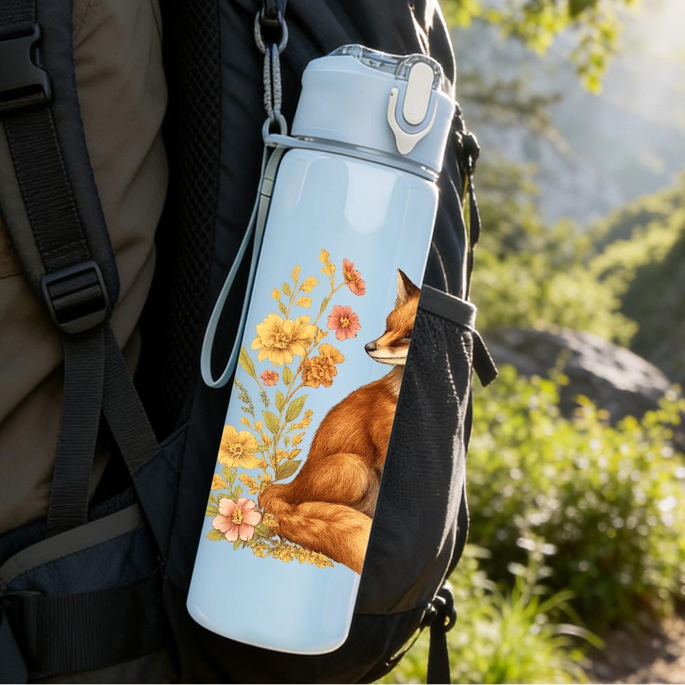 1PC Floral Fox Illustration 750ml Color Plastic Sports Water Bottle Leakproof Flip Straw Lid Suitable for Sports Office Home Use