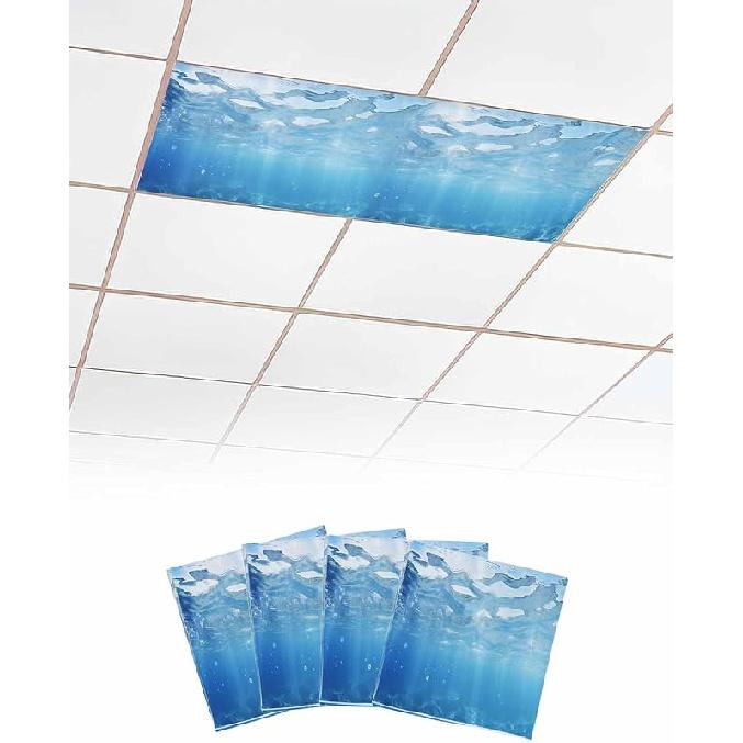 Summer 4 Pcs Fluorescent Light Covers, Ocean Blue Sea Waves Underwater Magnetic Light Filters Shade Panel Light Covers for Ceiling Lights Classroom