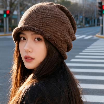 Autumn and Winter New Pile Hats for Women with Big Heads and Small Faces Knitted Pullover Hats for Couples Spring and Autumn Baotou Hats