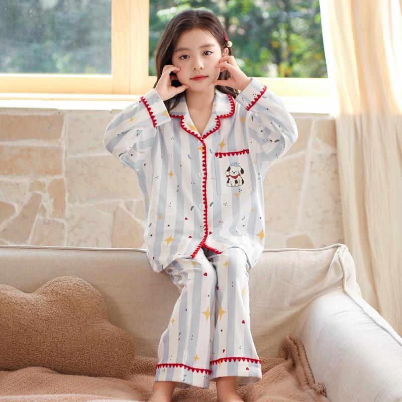 100% Cotton Long Sleeve Pajama Set Girls Cartoon Print Sleepwear Home Wear Fall Comfortable Kids Nightwear