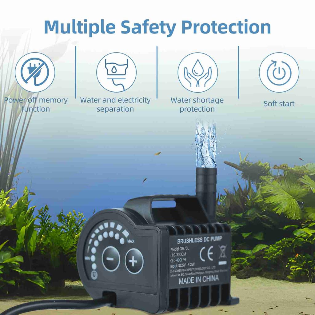 Submersible 5V Water Pump 8 Levels Adjustable 0 600L H Small Fountain Pump with 0 7.2ft Lift, 6.5ft USB Charging and
