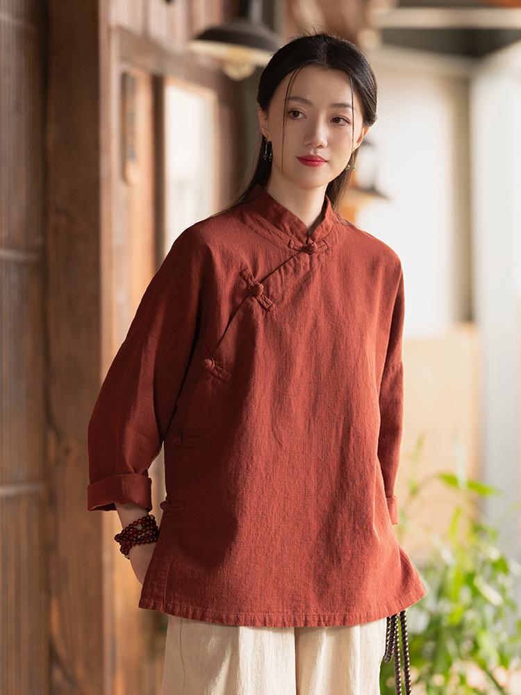 25 Autumn Retro Stand Collar Women's Cotton Linen Shirt with Frog Buttons - Zen Tea Ceremony Style