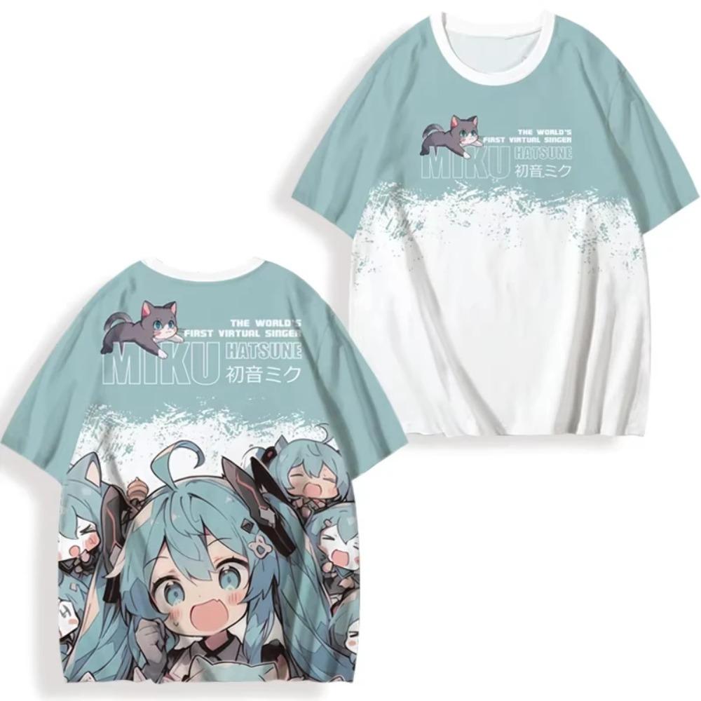 

Летняя повседневная аниме футболка с принтом Hatsune Miku унисекс с коротким рукавом, 3D-принт, короткий рукав, круглый вырез, повседневный уличный топ 2XS