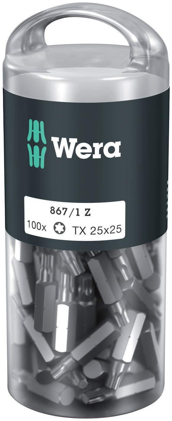 

WERA Torx Screwdriver TX25 Cutting 25mm Overall 072449 100-Pack Bits, 6.35mm Drive, Edge, Length,