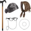 Halloween School 100th Day Granny Grandpa Wig Elderly Costume Cane Scarf Set Fun Realistic Essential
