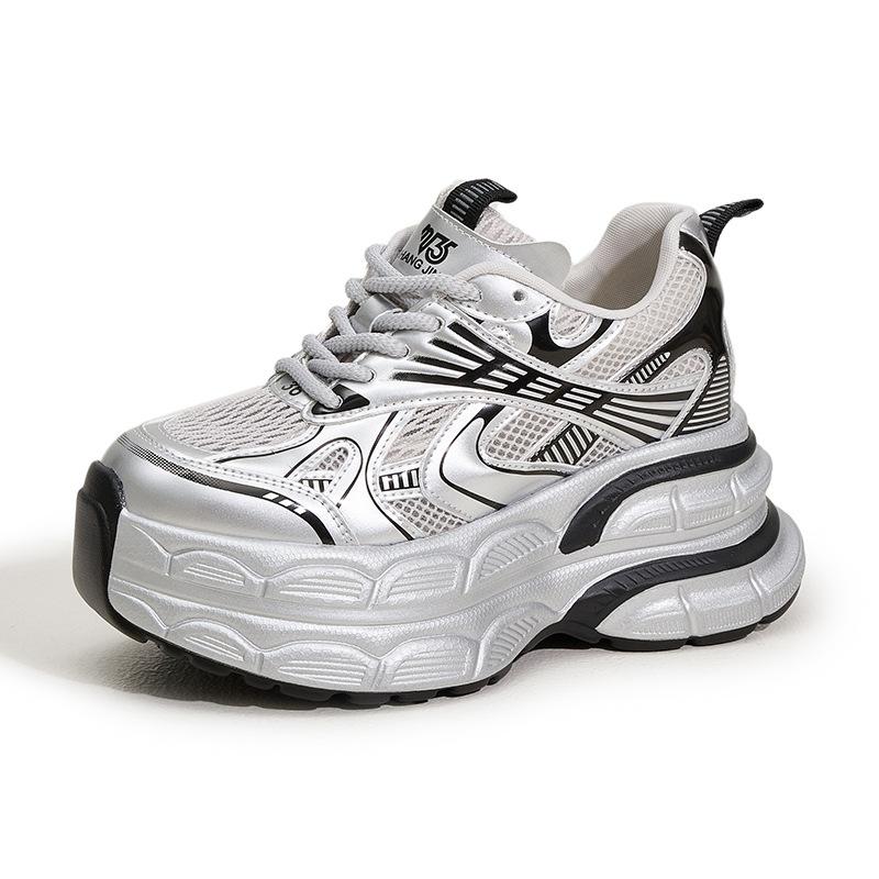 

Fashion 10CM Air Mesh Microfiber Leather Summer Ankle Boots Hollow Chunky Sneaker Vulcanize Bling Mixed Color Fsahion Women Shoes 39 серебряный