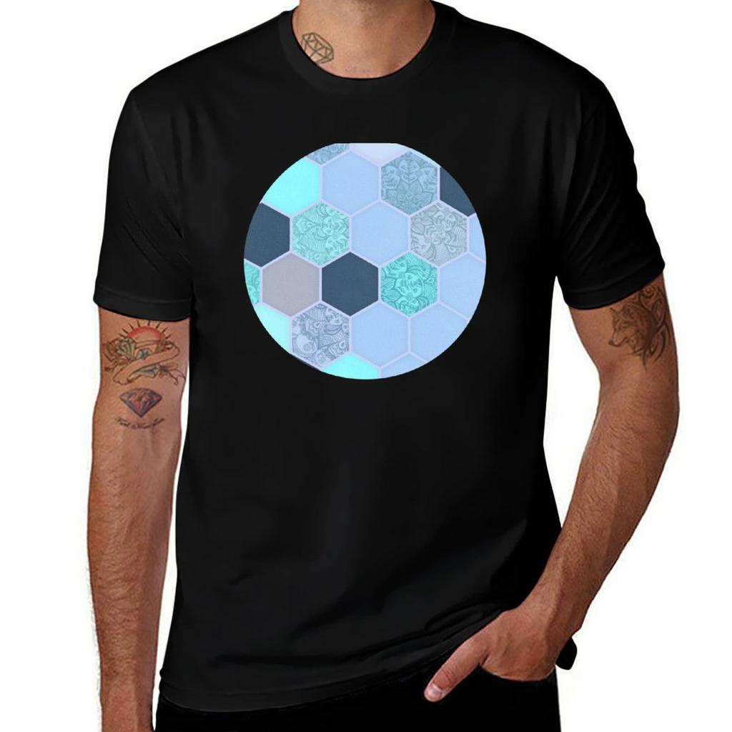 Denim Blue Aqua Indigo Hexagon Doodle Pattern Tshirt Christmas Casual Tee Shirt