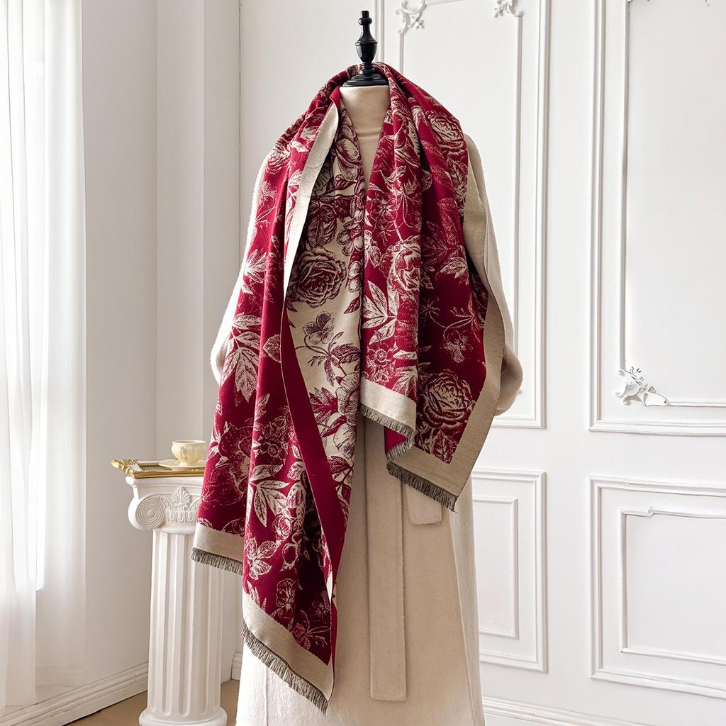 Elegant Floral Jacquard Pashmina Shawl for Women Winter Thick Warm Double Sided Tassel Design Coldproof Windproof Blanket Scarf