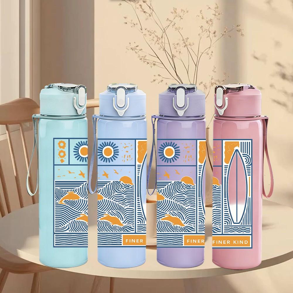 1PC Surfboard Map Art Print 750ml Color Plastic Sports Water Bottle Leakproof Flip Straw Lid Suitable for Sports Office Home Use