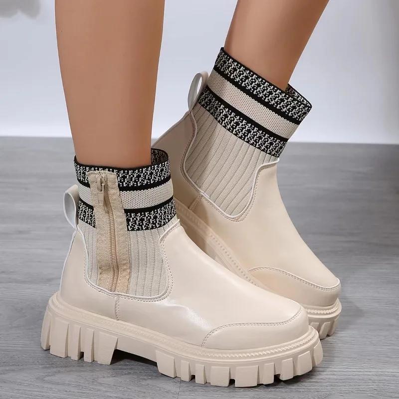 Европейские американские короткие сапоги на толстой подошве 2024 зимние однотонные женские сапоги короткие цепные ботинки челси модные сапоги на платформе 36