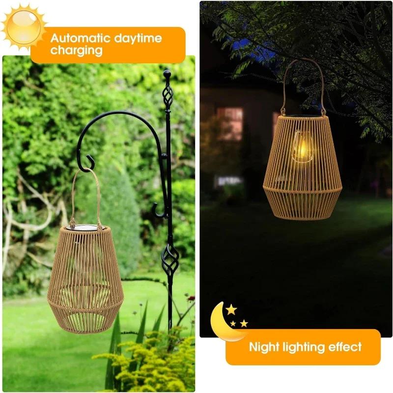 Rattan Solar Lantern Waterproof Hanging Bamboo Chandelier Lamp Solar Powered Rattan Weaving Light for Garden Patio Courtyard