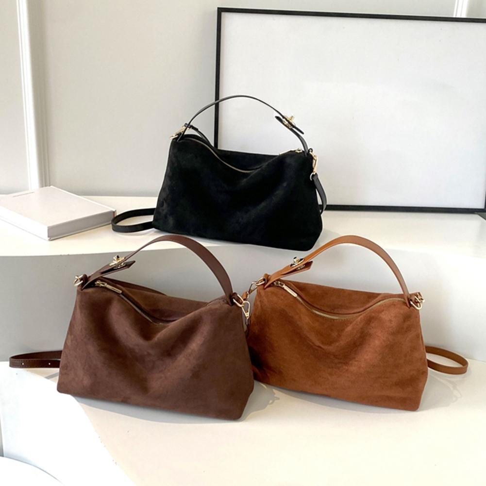 Women Autumn Winter Big Boston Tote Soft Matte Suede Cow Leather Women's Handbag Shoulder Crossbody Bag For Grey Brown