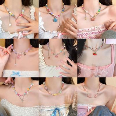 Dopamine Girl Temperament Sweet Niche Versatile Beaded Necklace Women Tide Light Luxury Fashion Earrings Collarbone Chain