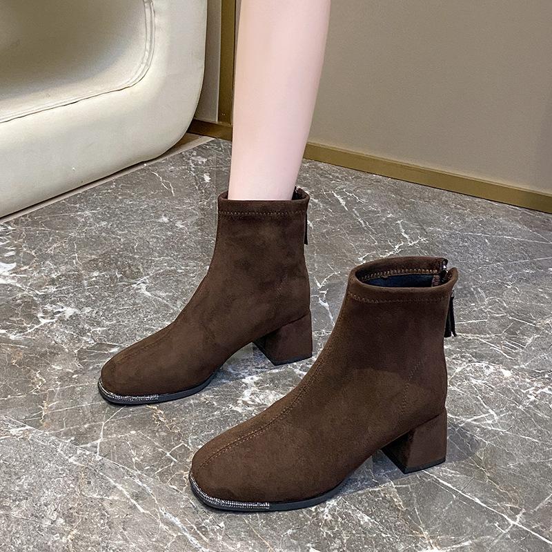 Thick Heel Retro Thin Boots Short Boots Women's 2025 New Autumn and Winter French Velvet Korean Small Ankle Boots Martin Boots