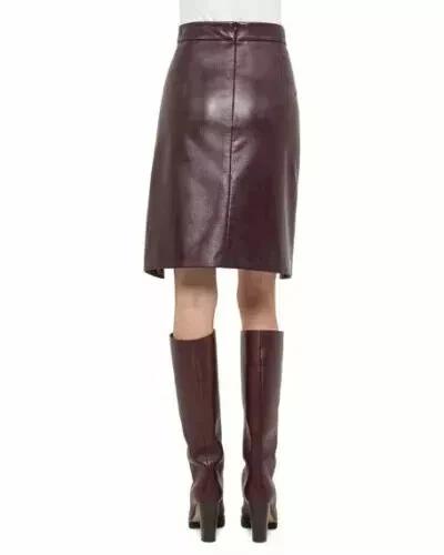 Burgundy Stylish Women's Genuine Lambskin Pure Leather Above Knee Skirt Skirt Handmade