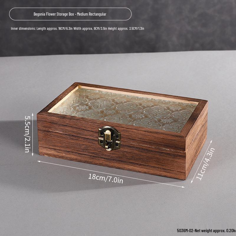 Retro Begonia Glass Lid Wooden Storage Box for Cosmetics, Snacks, Candy, and Documents - Dustproof and Multifunctional