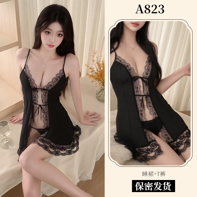 Sexy lingerie sexy lace seduction nightgown front open large size lace-up pajamas women's free uniform A