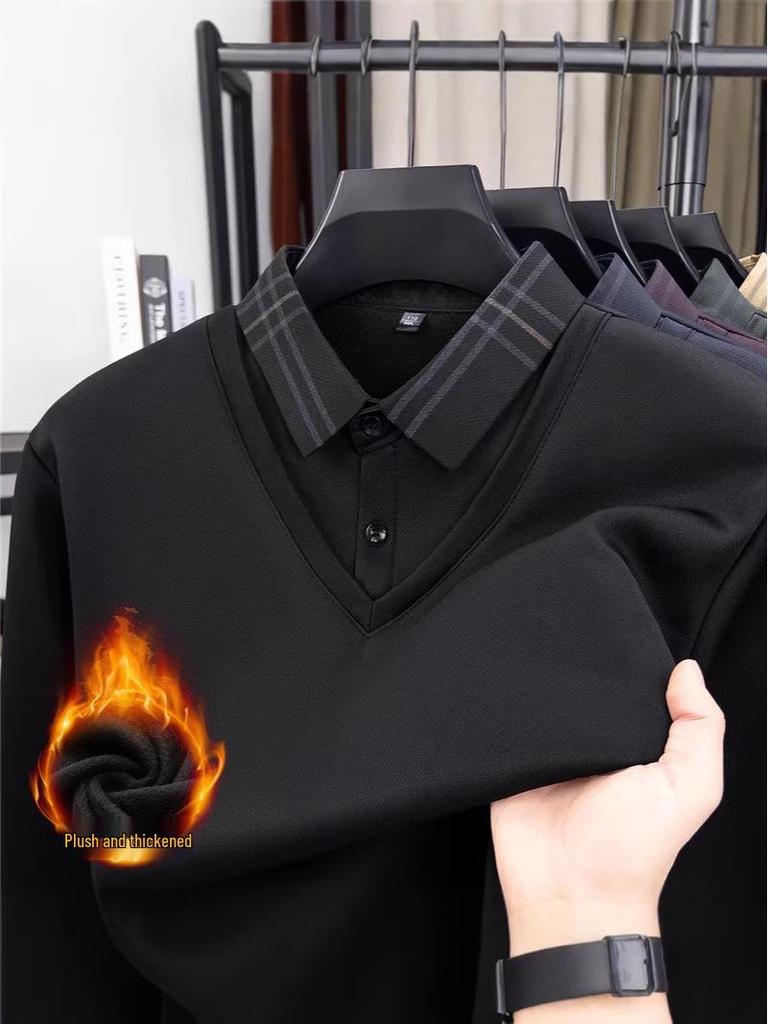 Men's Winter Thickened Velvet Two-Piece Faux Layered POLO Shirt with Warm Lapel - Long Sleeve for Middle-Aged Dad