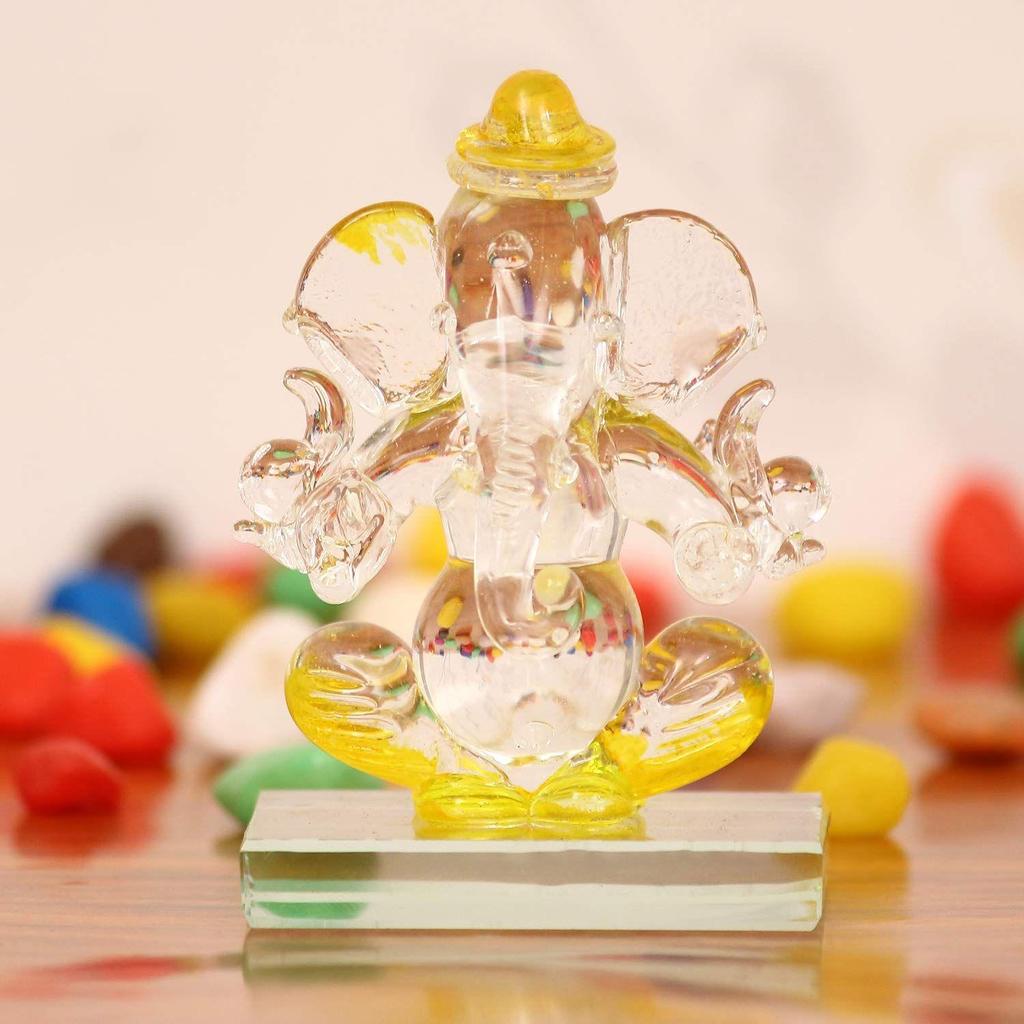 Yellow and Transparent Double Sided Crystal Car Ganesha Showpiece